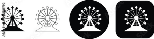 Set of four ferris wheel representing an amusement park ride in solid, outline, and black button style variations
