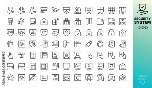Surveillance and Security Icons Set: Line Vector Symbols for Smart Home Protection, Biometric Access, Fingerprint Scanner, Lock, Key, Digital Shield, RFID, Alarm System with Editable Stroke