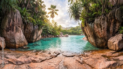 Tropical rocky beach landscape.
