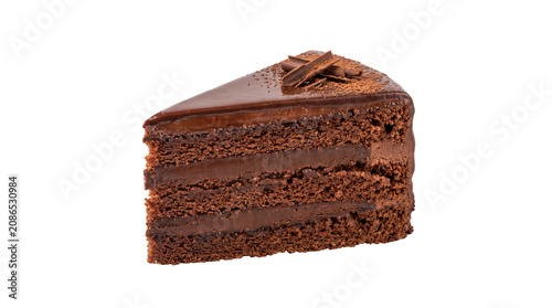 Chocolate Cake Slice Isolated on White Background, Layered Dessert PNG Cutout