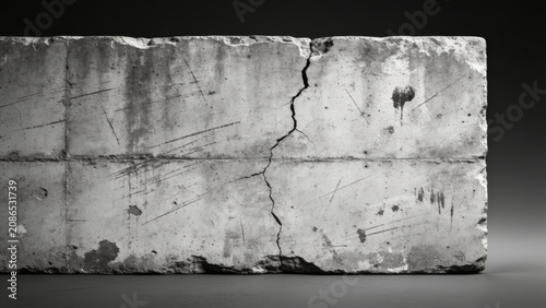 Weathered concrete block shows deep cracks and stains
