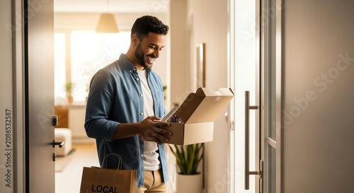 Man opening delivery box near doorway with shopping bag