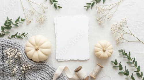 Minimalist Autumn Flat Lay with White Pumpkins, Blank Card, and Cozy Textiles