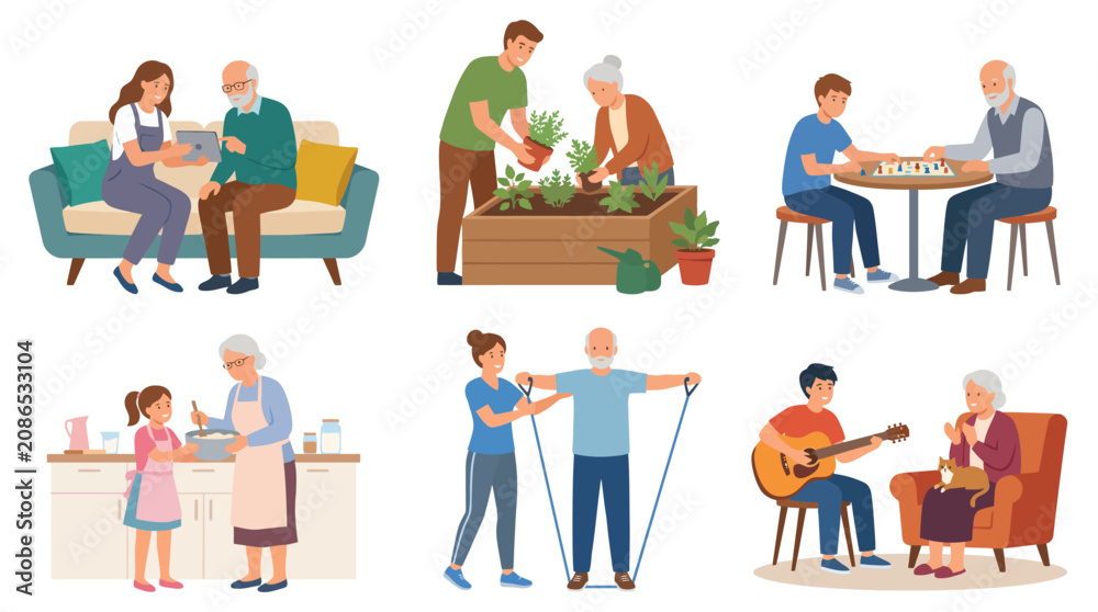 Fototapeta premium A collection of warm, engaging activities between elderly people and youth, showcasing the beauty of generational bonding through various thoughtful and interactive moments.