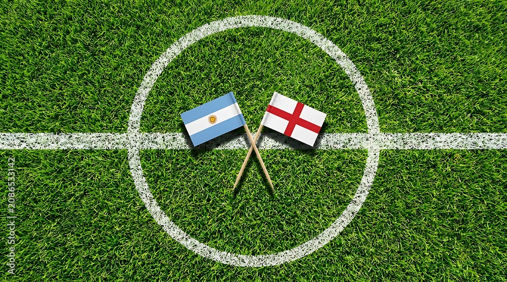 Obraz premium Soccer ball in center circle on grass field with crossed argentina and england flags for sporting event championship match competition match.
