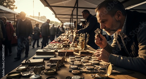 Man examines pocket watches with magnifying glass at outdoor market