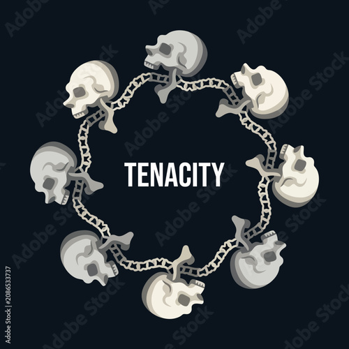 A striking design showcasing interconnected skulls and chains, representing the theme of tenacity, resilience, and strength in adversity through a bold and artistic approach.
