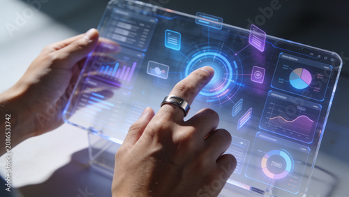 Hands touch glowing holographic interface