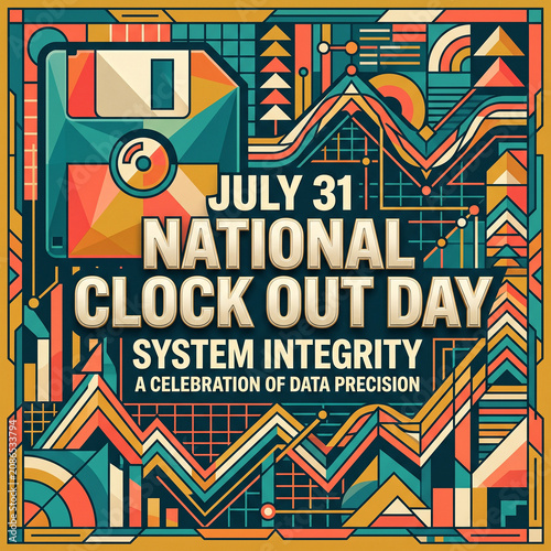 July 31 National Clock Out Day Retro 1970s Modernist Floppy Disk Poster