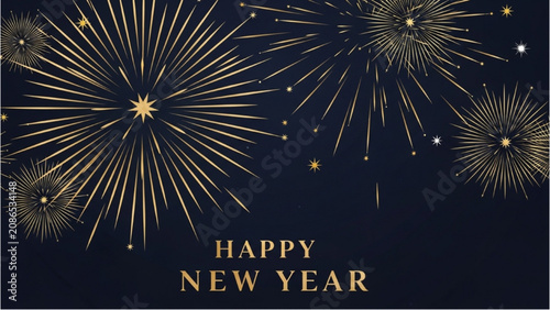 Foto Fireworks explode in night sky with Happy New Year text