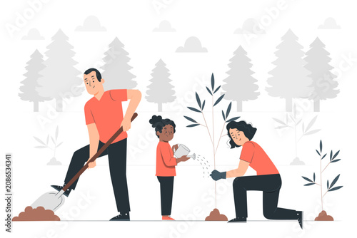 Bild auf Leinwand Family Planting Trees in Nature SVG Illustration