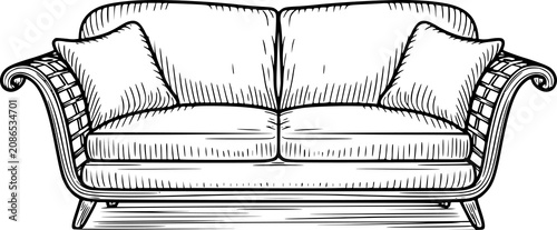 Schilderij op canvas A detailed black and white line of a comfortable two-seater sofa with decorative
