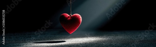 Red heart hanging from a string on a black background