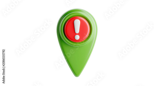 Green map pin with red exclamation mark icon rendered in 3D style on transparent background
