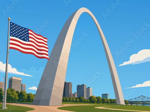 The Gateway Arch National Park in St. Louis, Missouri with United States Flag, Iconic American Landmark and Architecture Vector Illustration