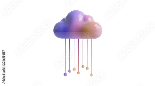 Cloud computing symbol with hanging data connection lines rendered in glossy colorful plastic on transparent background