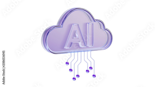 Artificial intelligence cloud icon with digital circuit board lines rendered in glossy purple on transparent background