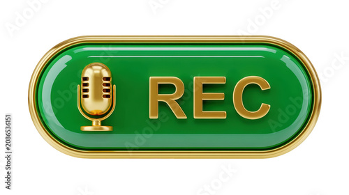 3D recording button icon with a golden microphone and text on a glossy green on transparent background