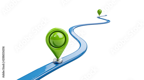 Map location pins on a winding blue path showing travel navigation progress on transparent background