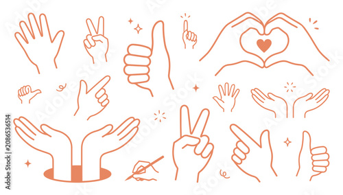 Hand drawn orange line hand gestures set including thumbs up and peace sign on transparent background, vector illustration