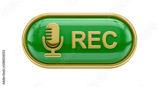 Recording button icon featuring a golden microphone and text on a glossy green on transparent background