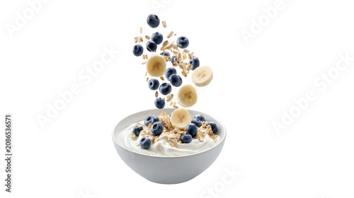 Fresh yogurt bowl with falling blueberries bananas and healthy oats isolated on transparent background