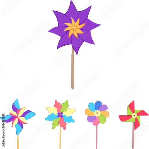 Photos Collection of vibrant pinwheel toys on sticks, presenting various colorful patte