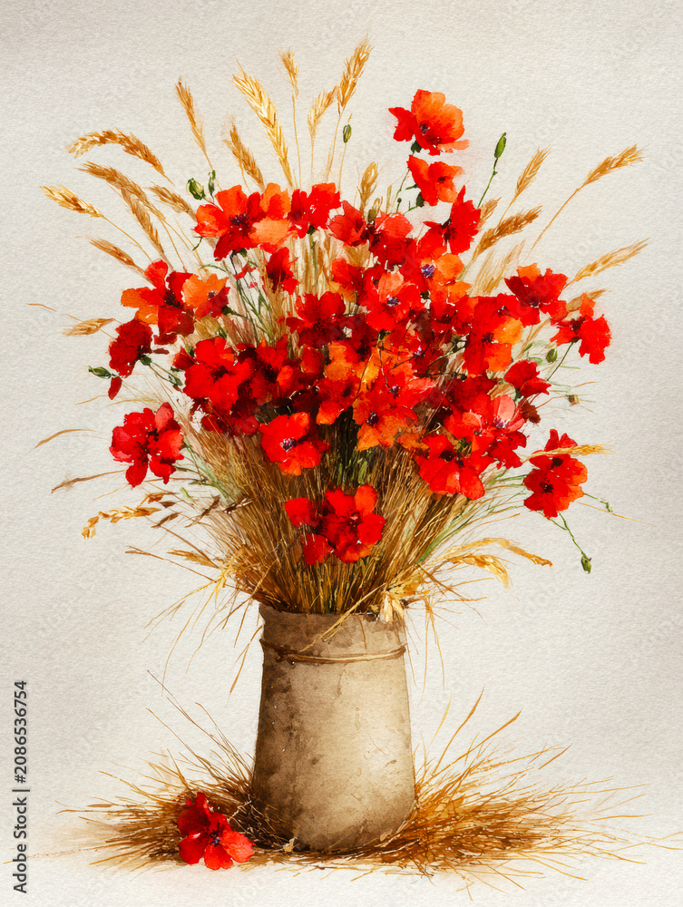 Fototapeta premium Vintage Botanical Bouquet of Red Carnations and Wheat on Rustic Paper. AI generative.