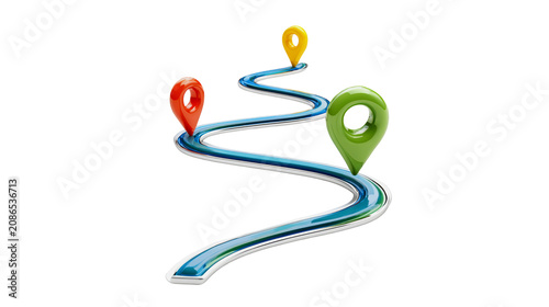 Winding road path with colorful navigation pins showing travel progress and location markers on transparent background