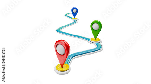 Map location pins on a winding path showing navigation route markers rendered on transparent background