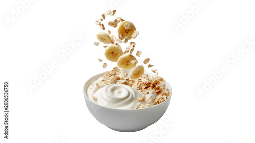 Healthy yogurt bowl with falling banana slices and raw oats served in white ceramic on transparent background