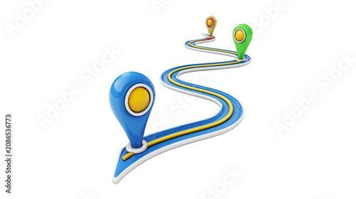 Winding navigation road path with colorful location pins and digital markers isolated on transparent background