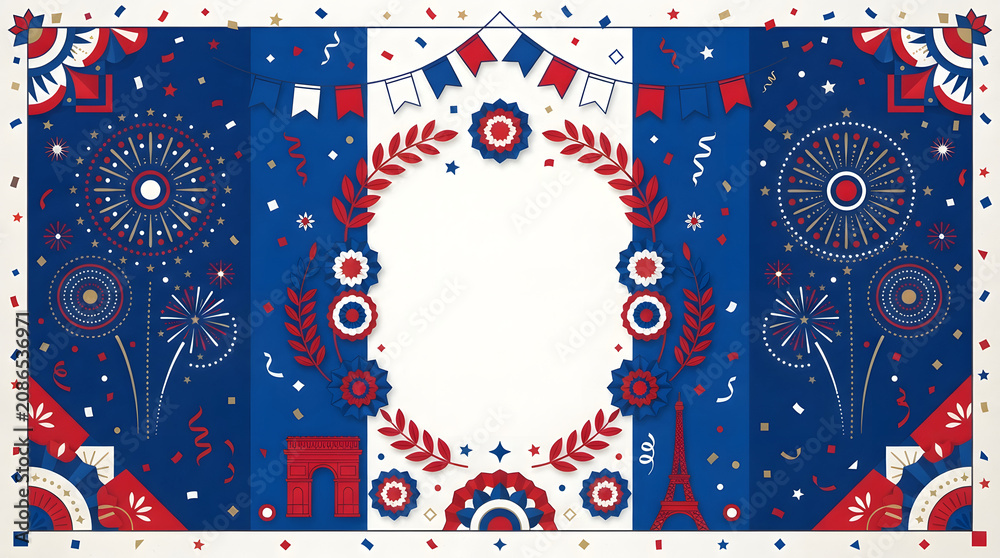 Obraz premium Decorative French themed banner with fireworks and national symbols in a flat vector style