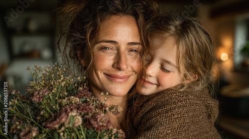 Woman and a child hugging each other