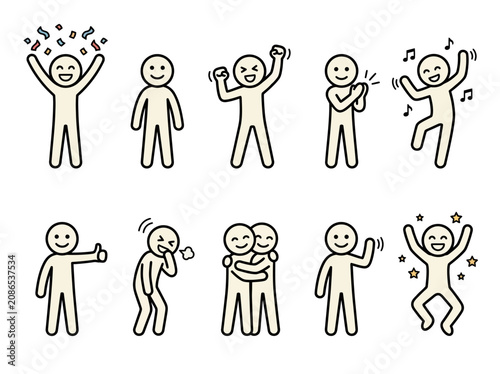 Εκτύπωση καμβά A group of stick figures expressing various joyful emotions through dance and music in an lively setting with confetti and symbols