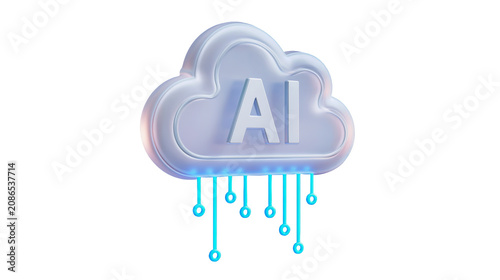 Artificial intelligence cloud computing symbol with glowing blue circuit connections presented on transparent background