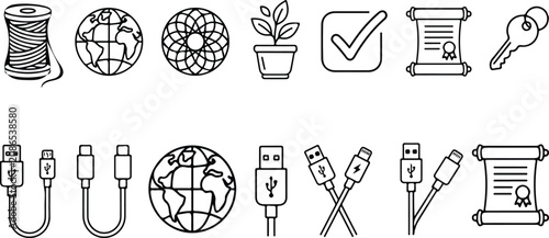 Bild auf Leinwand Miscellaneous linear icons vector illustration set featuring usb cable globe cer