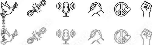 Peace and protest line icons set dove chains microphone hand gestures