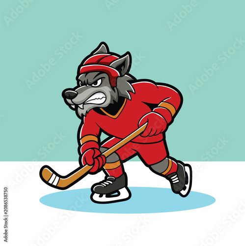 Photography Cute cartoon wolf mascot character playing ice hockey wearing a red jersey and helmet while skating on the rink