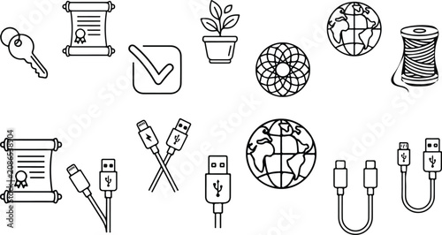 Obraz na płótnie Miscellaneous linear icons vector illustration set featuring usb cable globe cer