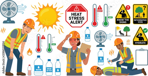 Fotografie Heat stress alert and summer safety infographics vector illustration set featuri