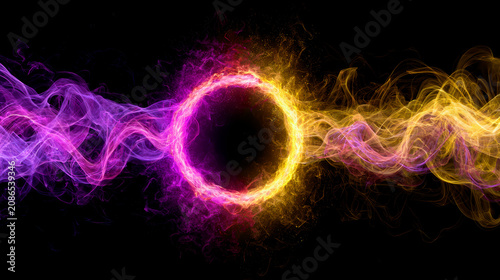 Glowing circular light ring with swirling purple and orange smoke energy effects on transparent background