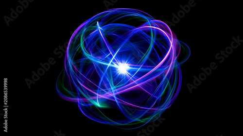 Abstract atom model with glowing neon blue and purple light trails spheres on transparent background