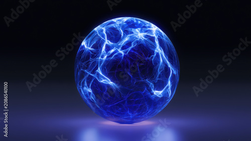 Electric energy orb with glowing blue plasma lightning bolts isolated on a dark smooth on transparent background