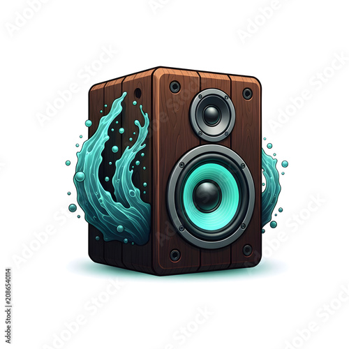 Creative Wooden Audio Speaker with Dynamic Water Splash Isolated on White Background