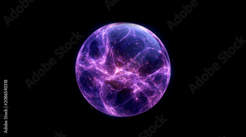 Glowing purple energy sphere with electric plasma currents and bright particles isolated on transparent background