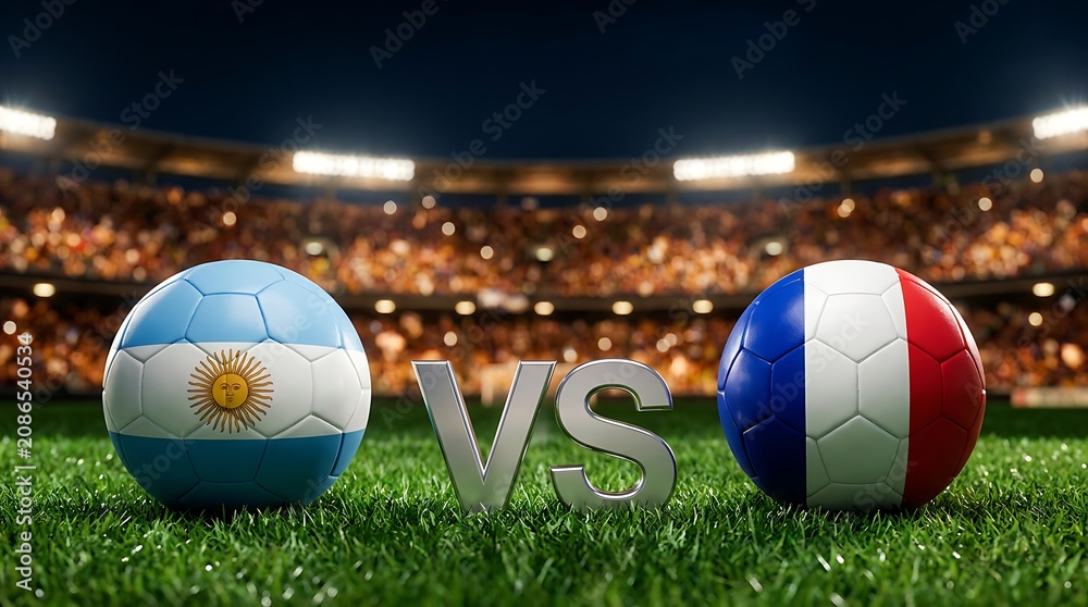 Fototapeta premium Soccer match between argentina and france on green grass with stadium crowd and bright lights sports.