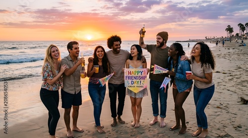 Diverse group of friends celebrating friendship day at sunset beach