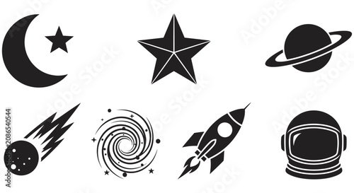 Tableau sur toile Space themed Silhouettes On White Background Including Moon Stars And Astronaut