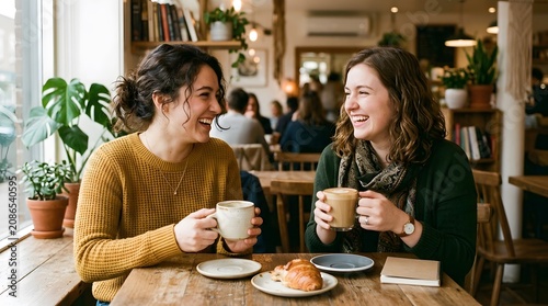 Two women enjoying coffee and conversation at a cozy cafe